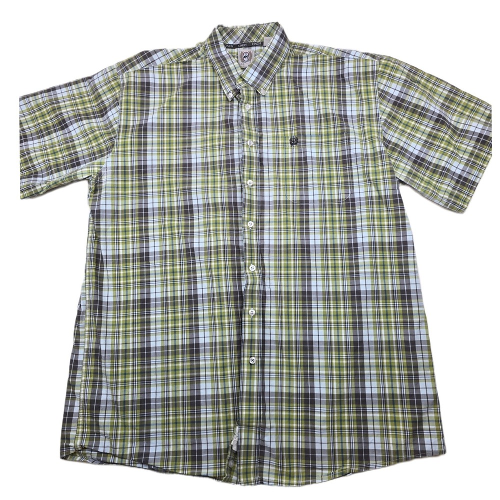 Cinch Western‎ Shirt Mens 2XL Green Blue Brown Plaid Cotton Short Sleeve Button